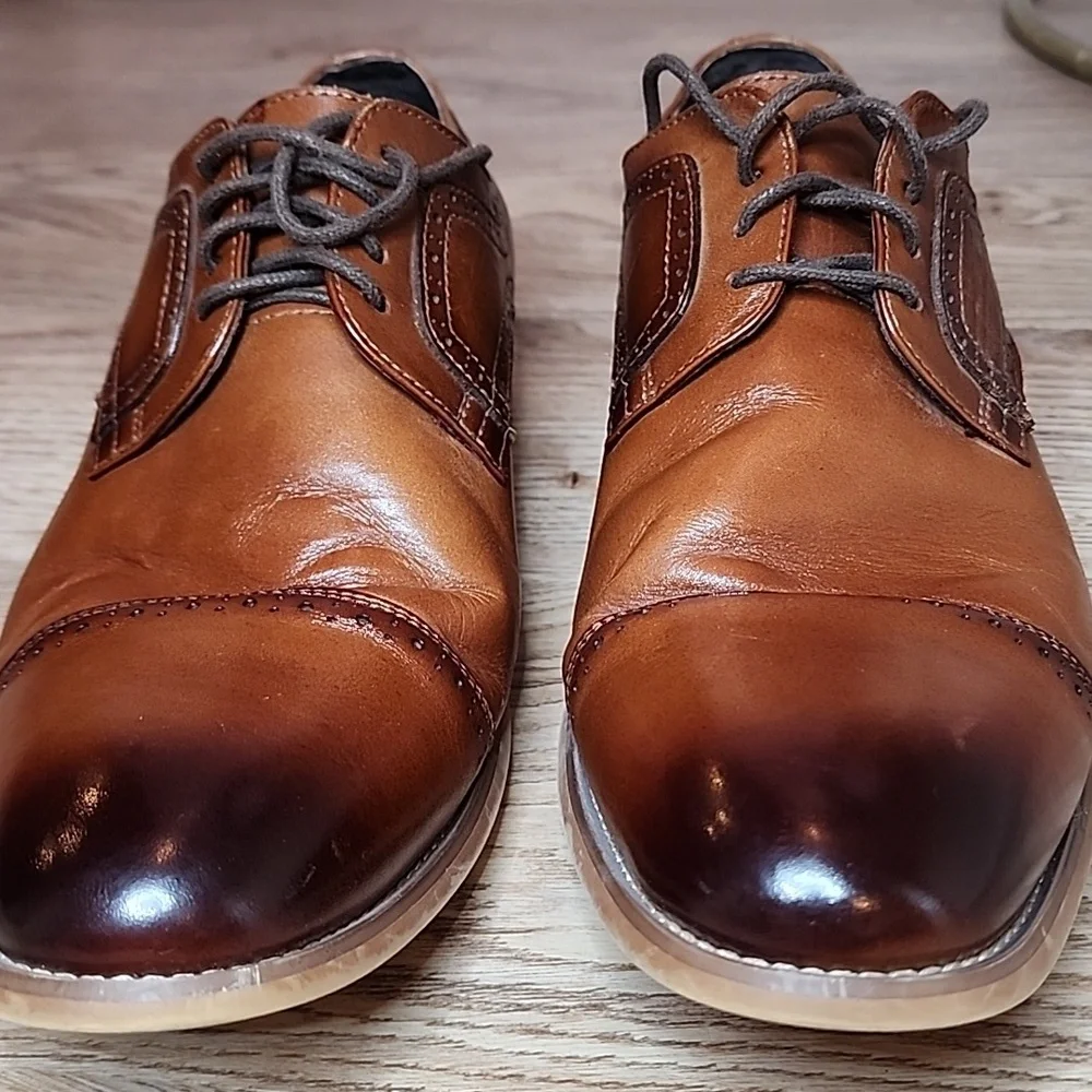 Stacy Adams Mens Dickinson Cap Toe Oxford Shoes Cognac Brown Roynd Toe Size 9W - Picture 2 of 11